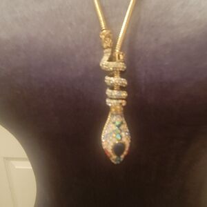 Gold and Multicolor Spiral Rhinestone Snake Pendant Adjustable Necklace